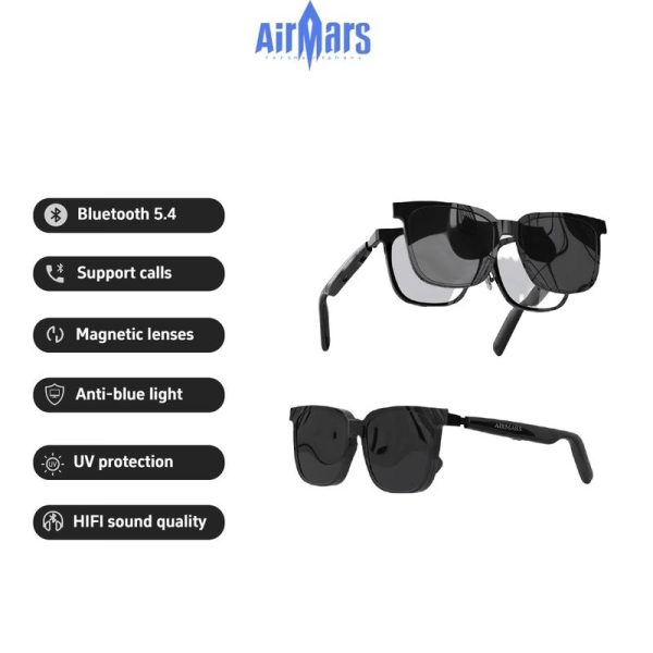 Cermin Mata Bluetooth Pintar, Airmars SG18pro, Dua-dalam-satu, Cermin Mata Hitam Magnetik, Cermin Mata Audio, untuk Mendengar Muzik dan Membuat Panggilan Telefon, Teknologi Fesyen, Anti-ultraviolet dan Anti-Cahaya Biru