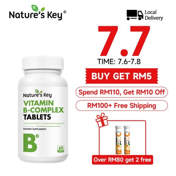 Nature's Key Tablet Vitamin B Kompleks 14-dalam-1  untuk Penggalak Cahaya Wanita + Melegakan Tekanan + Sokongan Tenaga Dengan Ashwagandha & L-Theanine（60-180tablet）  Saraf Health  Badan Supplements