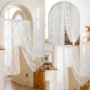 Tirai Tingkap, Bahan Renda, Tirai Pintu Privasi, Boleh Dicuci, Tirai Jacquard, Hiasan Rumah, Batang Langsir Boleh Ditarik, Corak Daun dan Bunga, Hiasan