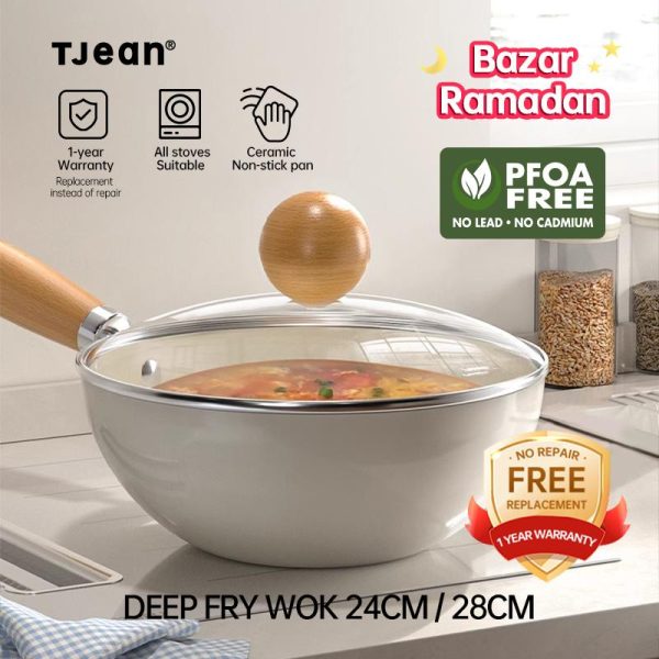 Kuali Seramik Tidak Melekat, TJean, dengan Salutan Tidak Melekat, Sesuai untuk Induksi, Kuali Dalam, Tersedia dalam saiz 24 / 28cm, Alat Memasak Dapur Cookware Pemegang