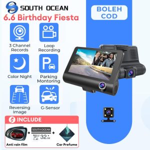 【FREE SD CARD】South Ocean 360-degree 4-inch driving recorder three-lens high-definition images from the front and rear of the car Automotive