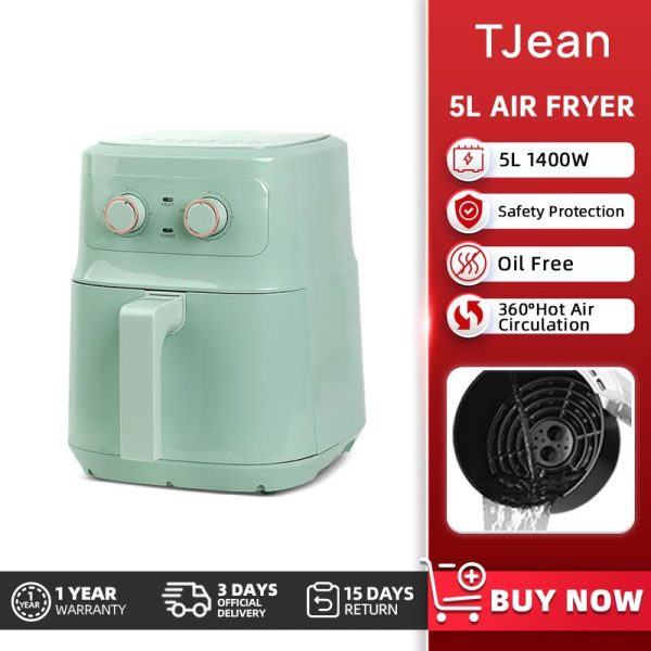 Penggoreng Udara, TJean, Pelbagai fungsi, Kapasiti 5L, Jenis Mekanikal, Reka Bentuk 3D Hijau Cooker Fryer