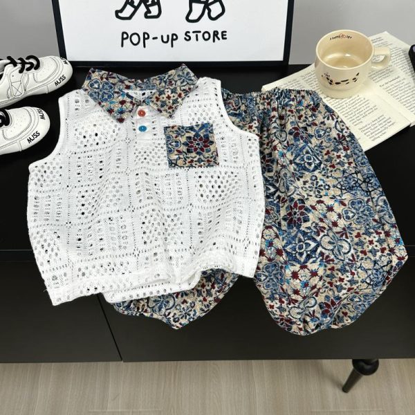 Set Cetakan Etnik Angin Euro, untuk Lelaki, Gaya Korea, Pakaian 2 Keping Tertekan, Sesuai untuk Pakaian Kasual Musim Panas, Umur 3-10, 90-140cm, 9-34kg, AT958-zlch