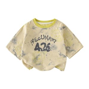 Baju-T Kapas Lelaki, Gaya Cina, Nezha Dicelup Dakwat Aurora, Cetakan Huruf, Koleksi Musim Panas Baharu, Bahan Kapas Bernafas, Dijamin Kualiti Premium, Saiz 90-140cm, Sesuai untuk Kanak-kanak Berumur 3-10/9-34kg, AX916-zlch
