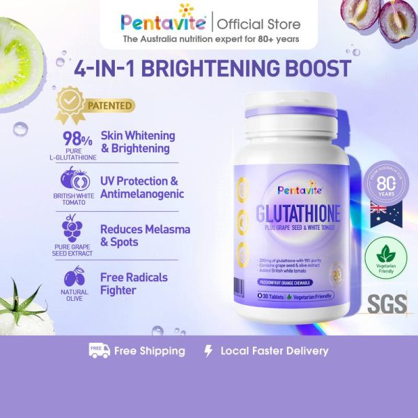 Pentavite Glutathione Mencerahkan Dari Dalam Ditambah Biji Anggur & Tomato Putih, Oren Markisa Boleh Kunyah (30-120 Tablets for Adult) | Brightening from Within, Chewable Tablets