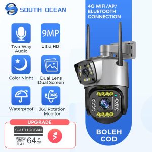 【FREE 64GB SD CRAD】SouthOcean Dual Lens 9MP CCTV Camera wifi 360 Wireless Outdoor Waterproof WiFi Camera Motion Detection Color Night Vision Security Camera CCTV Wireless Connect Phone Camera for House White Device