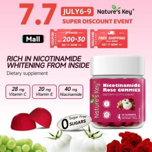 [Promote] Nature's Key Gummy Nicotinamide  Rose mengandungi ekstrak tomato putih, biji anggur, ros, serta vitamin B3, B7, C, E dan pelbagai mineral. Membantu mencerahkan kulit dan menyamarkan warna kulit tidak sekata