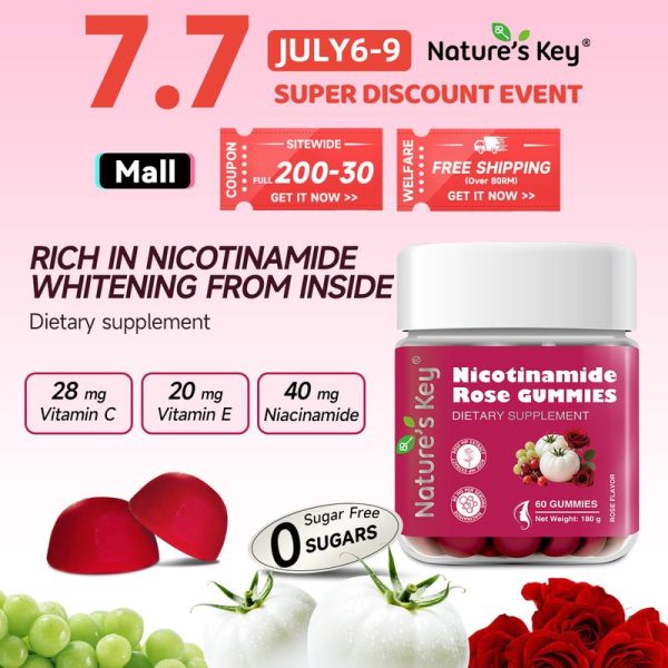 [Promote] Nature's Key Gummy Nicotinamide  Rose mengandungi ekstrak tomato putih, biji anggur, ros, serta vitamin B3, B7, C, E dan pelbagai mineral. Membantu mencerahkan kulit dan menyamarkan warna kulit tidak sekata