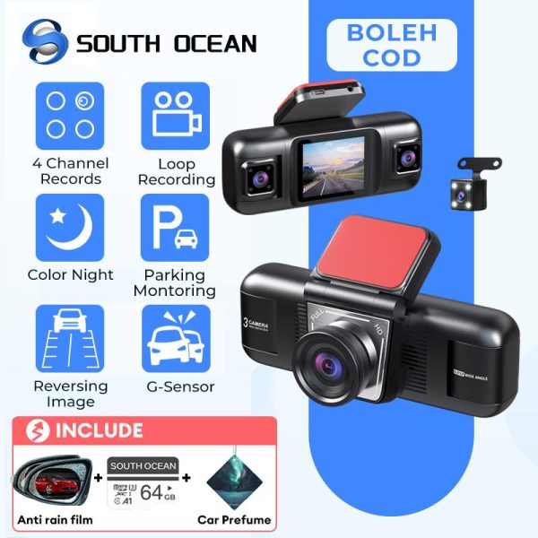DashCam 4 Channel Video Recorder 2.0 Inch Four Lens 4K Ultra Clear Car Camera with Rear View 24H Parking Monitor Kamera Kereta Night Vision Automatic Cycle Recording