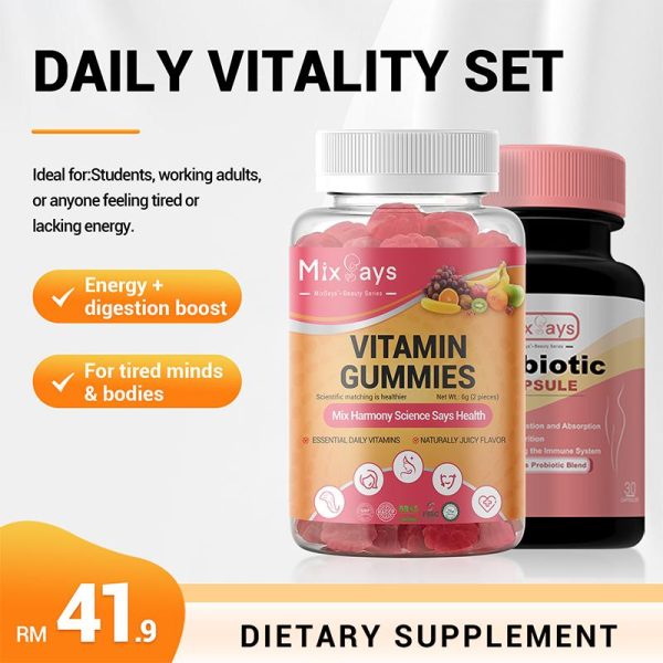 【MixSays】Daily Vitality Set | Probiotik + Gummy Vitamin untuk Tenaga & Fokus