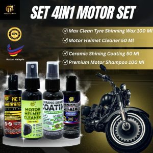 [4-in-1 Motorcycle Set] Tyre Shining Wax 100ml + Motor Helmet Cleaner 50ml + Ceramic Shining Coating 50ml + Premium Motor Shampoo 100ml, Pembersihan Motor, Bersih & Berkilat, Hilang Kotoran, Mudah Digunakan,