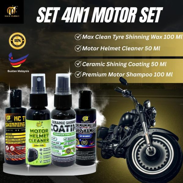 [4-in-1 Motorcycle Set] Tyre Shining Wax 100ml + Motor Helmet Cleaner 50ml + Ceramic Shining Coating 50ml + Premium Motor Shampoo 100ml, Pembersihan Motor, Bersih & Berkilat, Hilang Kotoran, Mudah Digunakan,