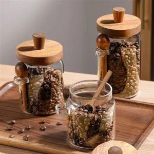 Balang Penyimpanan Biji Kopi, Bahan Kaca Borosilikat Tinggi, dengan Penutup Kayu Akasia, Kalis Lembapan, Botol Perasa, Sesuai untuk Penyimpanan Ira Dapur bottle sugar Supplies