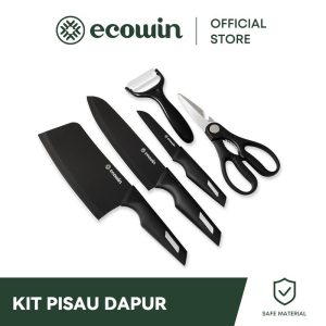 Set Pisau Antibakteria Keluli Tahan Karat Hitam, Ecowin, 5 keping, Pisau Dapur, Pisau Pemotong Daging Isi Rumah, Pisau Buah, Pisau Makanan Bantu, Gunting, Pisau Pengupas, Alat Dapur Tahan Lama Bernilai Tinggi, Set Penuh Kitchenware，pisau lawi ayam