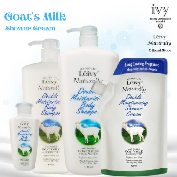 Leivy Naturally Double Moisturising Series - Leivy Naturally Krim Mandi Dengan Susu Kambing Dan Protein 1150ml Dengan Pompa Krim Mandi Berkesan Ganda Untuk Kulit Kering Sangat