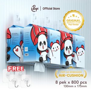 [8 pek TISU PANDA POPI] Popi Tisu Gantung Viral 4 Lapisan 800 Helai, Tisu Panda Air Cushion Tebal + FREE 2  HOOK + Kotak (130mm x 175mm)