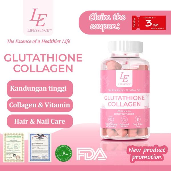 Gummies Kolagen Glutathione, Lifessence, L-glutathione 250mg, Jualan Kilat, Mencerahkan Kulit, Sesuai untuk Wanita, Mengejar Pemutihan