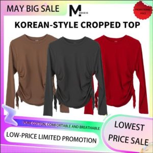 MORNSHINE Women's Korean Style Long Sleeve Shirt - Round Neck Loose Top With Adjustable Drawstring