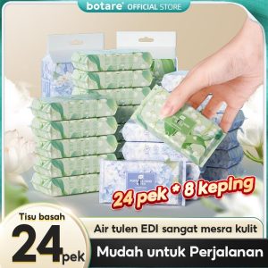 【24 packs】Tisu basah mudah alih mini Botare, penting untuk bayi, mudah dibawa, sesuai untuk perjalanan, mesra kulit dan lembut, kulit penjagaan air tulen RO
