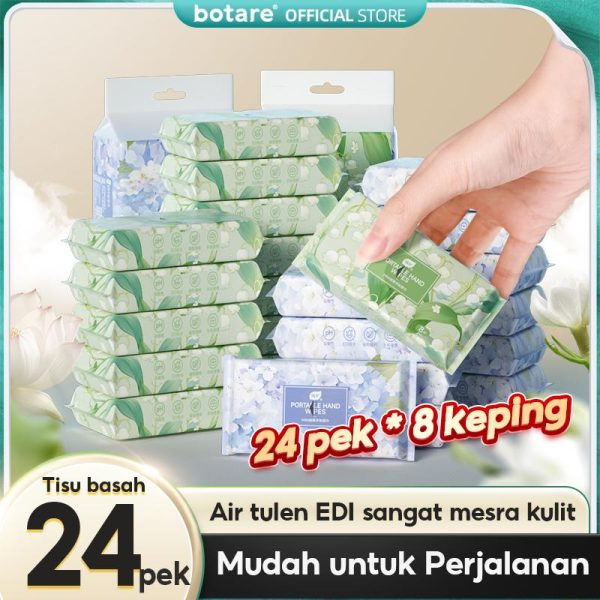 【24 packs】Tisu basah mudah alih mini Botare, penting untuk bayi, mudah dibawa, sesuai untuk perjalanan, mesra kulit dan lembut, kulit penjagaan air tulen RO