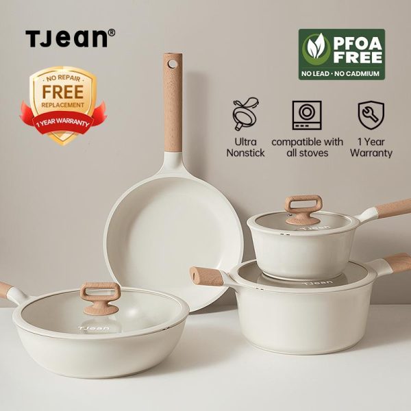 TJEAN Cookware Set Four-piece Set Ceramic Non-stick Pan PFAS And PFOA Free Milk pan, Wok And Wok, Stockpot, Frying Pan Dapur Kayu Masak