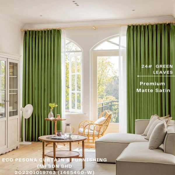Premium Matte Satin - Green Leaves Ready Made Curtain Semi-Blackout Curtain Sliding Door Curtain, Langsir Siap Jahit / Langsir Plain / Langsir 2 Panel / Langsir 3 Panel / Langsir Pintu / Langsir Rumah