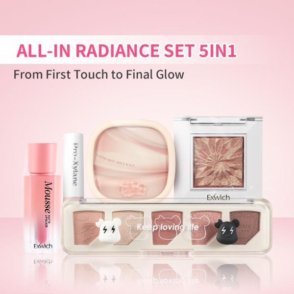 【Best Seller】Exwich 5PCS 5IN1 Makeup Set- Lip Balm+Cushion+Highlight Powder+Lip Matte+Eyeshadow palette -ALL-IN RADIANCE