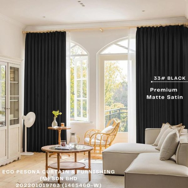 Premium Matte Satin  Black Ready Made Curtain Semi-Blackout Curtain Sliding Door Curtain, Langsir Siap Jahit / Langsir Plain / Langsir 2 Panel / Langsir 3 Panel / Langsir Pintu / Langsir Rumah