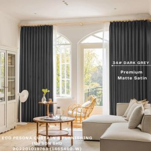 Premium Matte Satin  Dark Grey Ready Made Curtain Semi-Blackout Curtain Sliding Door Curtain, Langsir Siap Jahit / Langsir Plain / Langsir 2 Panel / Langsir 3 Panel / Langsir Pintu / Langsir Rumah