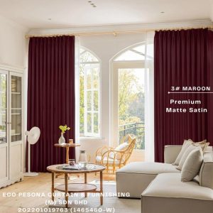 Premium Matte Satin  Maroon Ready Made Curtain Semi-Blackout Curtain Sliding Door Curtain, Langsir Siap Jahit / Langsir Plain / Langsir 2 Panel / Langsir 3 Panel / Langsir Pintu / Langsir Rumah