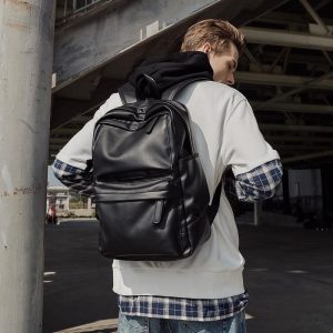 Men's PU Leather Waterproof High Quality Youth Travel Rucksack School Book Bag Male Laptop Business backpack