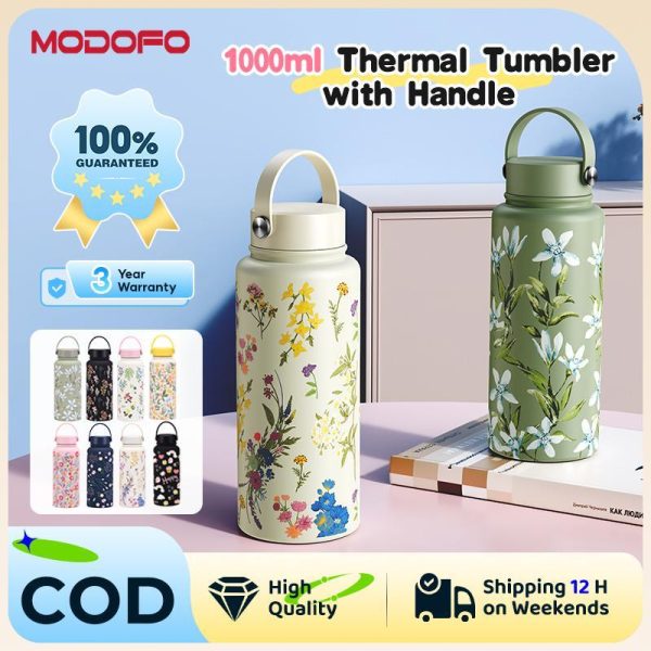 【COD】Original MODOFO Tumbler 1000ML -Thermos Bottle  Large Capacity Wide Mouth Hadiah Portable Vacuum Sports Rosette Tumbler Bottle Outdoor Printed Water Bottle Box Stainless  floral  Warm Dengan Penutup botol Vacuum Insulated Thermoflask