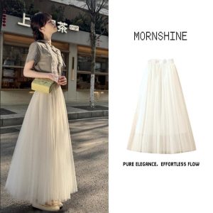 MORNSHINE Women's Pleated Long Skirt - Princess-Style Chiffon With Elastic High-Waist Skirt (2025 Summer Collection) White Casual