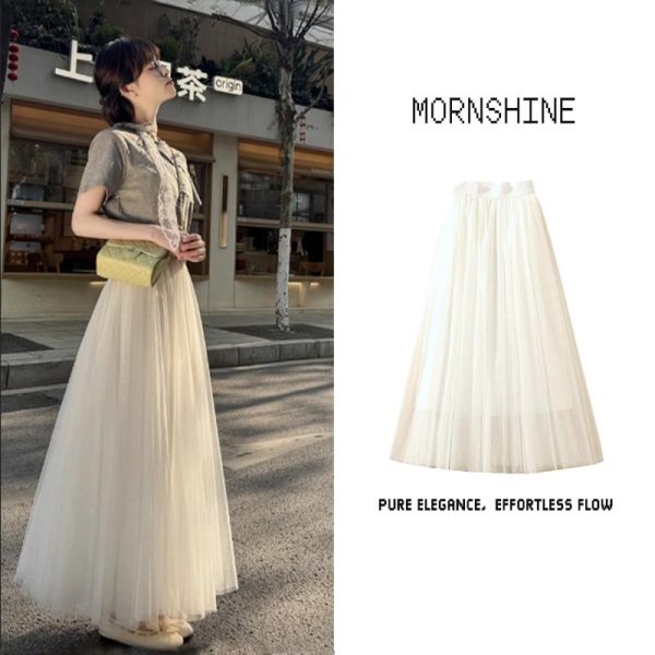 MORNSHINE Women's Pleated Long Skirt - Princess-Style Chiffon With Elastic High-Waist Skirt (2025 Summer Collection) White Casual